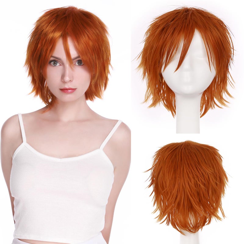 S-noilite Unisex Women Short Straight Cosplay Wig Men Male Anime Costume Hair Tail Full Wigs for Halloween Anime Party Dark Orange - Image 1